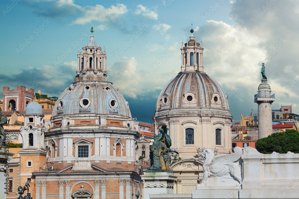 Beautiful vview of panorama Rome, Italy, skyline. Italian landmark against blue sky