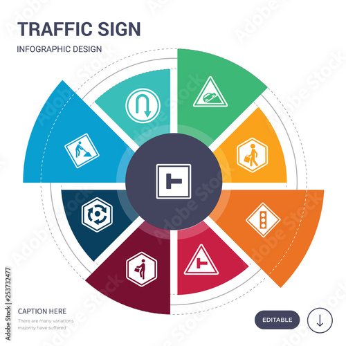 set of 9 simple traffic sign vector icons. contains such as road work, roundabout, school ahead, side road,  , skateboard, slippery icons and others. editable infographics design