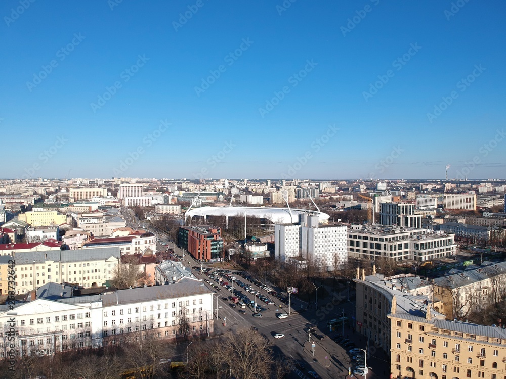 Aerial view of Minsk, Belarus near main train station