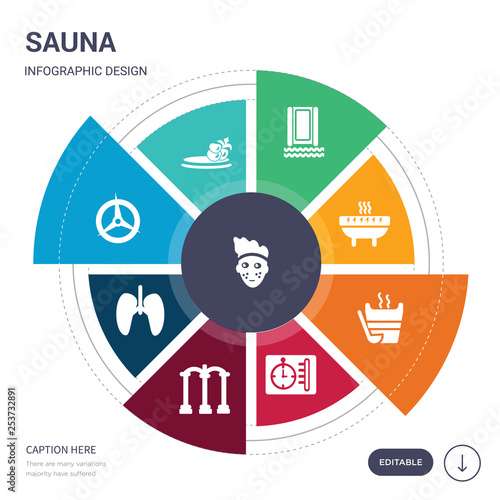 set of 9 simple sauna vector icons. contains such as mottled skin, private spa, regeneration, respiration, roman bath, sauna temperature, smoke sauna icons and others. editable infographics design