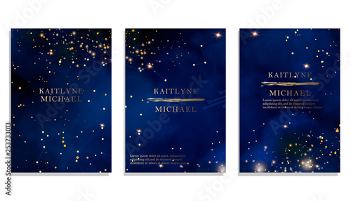 Magic night dark blue sky with sparkling stars vector wedding invitation. Andromeda galaxy. Gold glitter powder splash background. Golden scattered dust.