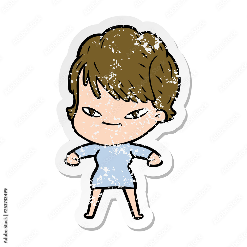 distressed sticker of a cartoon happy woman distressed sticker of a cartoon happy woman