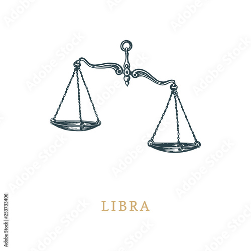 Libra zodiac symbol, hand drawn in engraving style. Vector graphic retro illustration of astrological sign Scales.