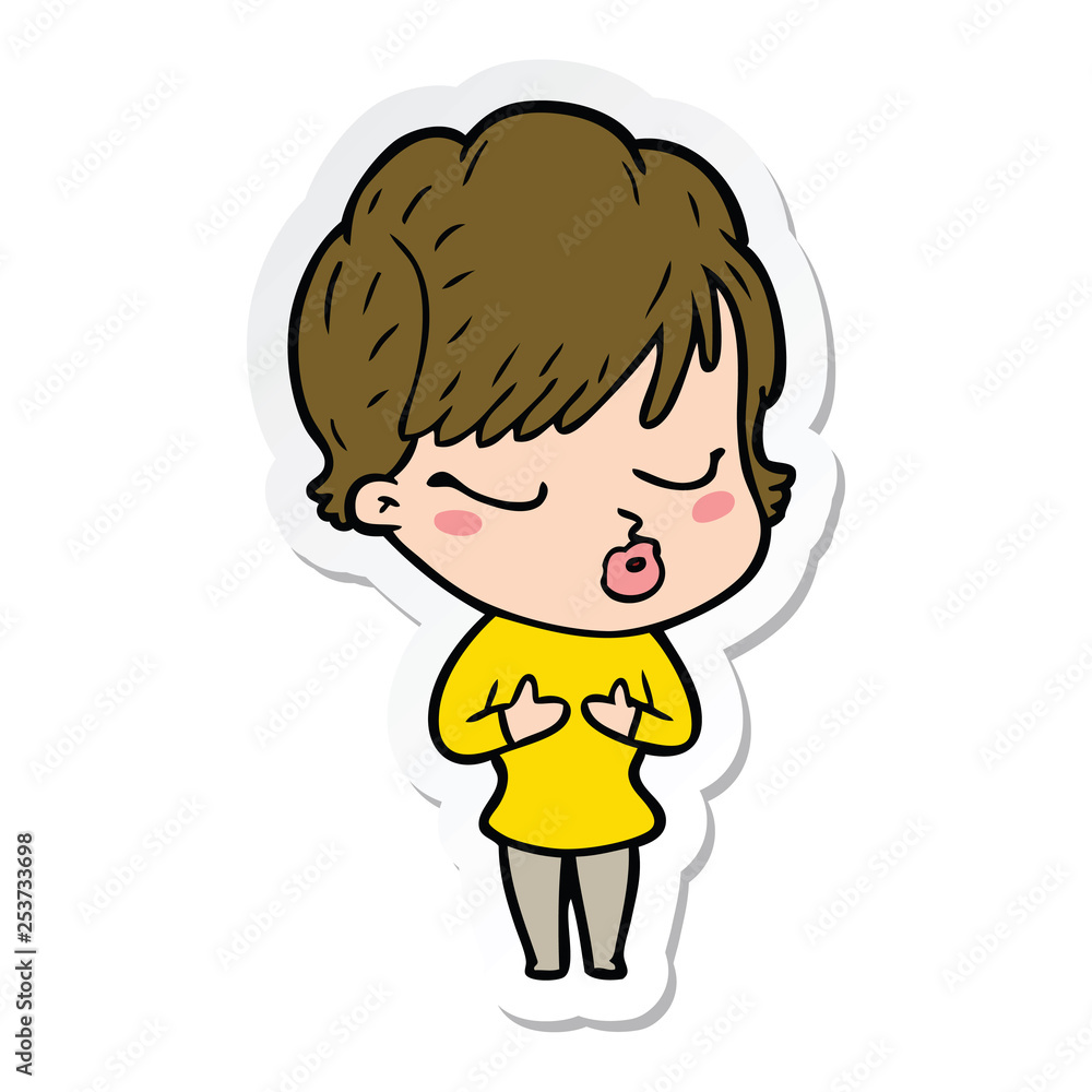 sticker of a cartoon woman with eyes shut