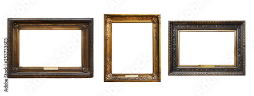 Set of three vintage golden baroque wooden frames on isolated background