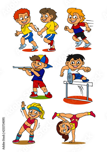 Children sports, athletics, shooting, aerobics, set of color icons