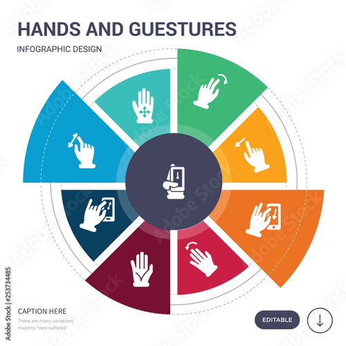 set of 9 simple hands and guestures vector icons. contains such as drag down gesture, drag flick, enlarge gesture, enlarge touch screen gesture, five fingers, fleck left flick down icons and others.