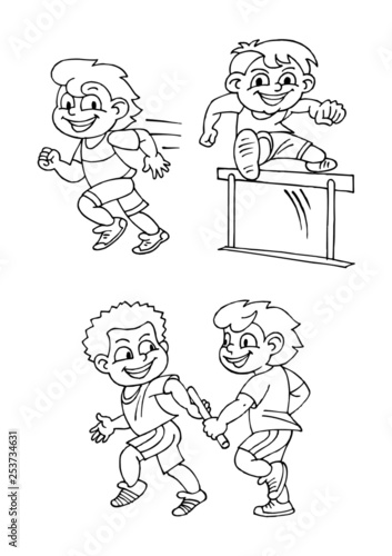 Athletics, running, cross-country running, relay, children sports, black and white icons set