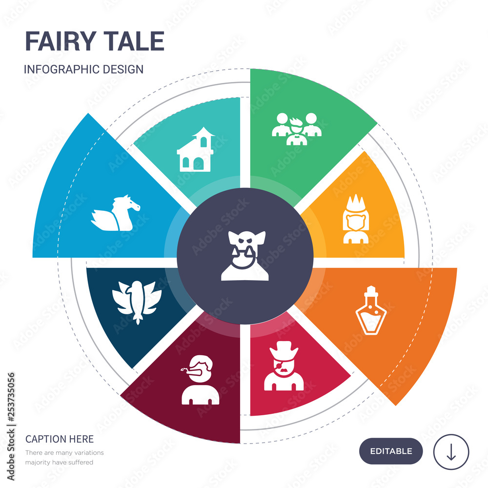 set of 9 simple fairy tale vector icons. contains such as ogre, palace, pegasus, phoenix, pinocchio, pirate, potion icons and others. editable infographics design - obrazy, fototapety, plakaty 