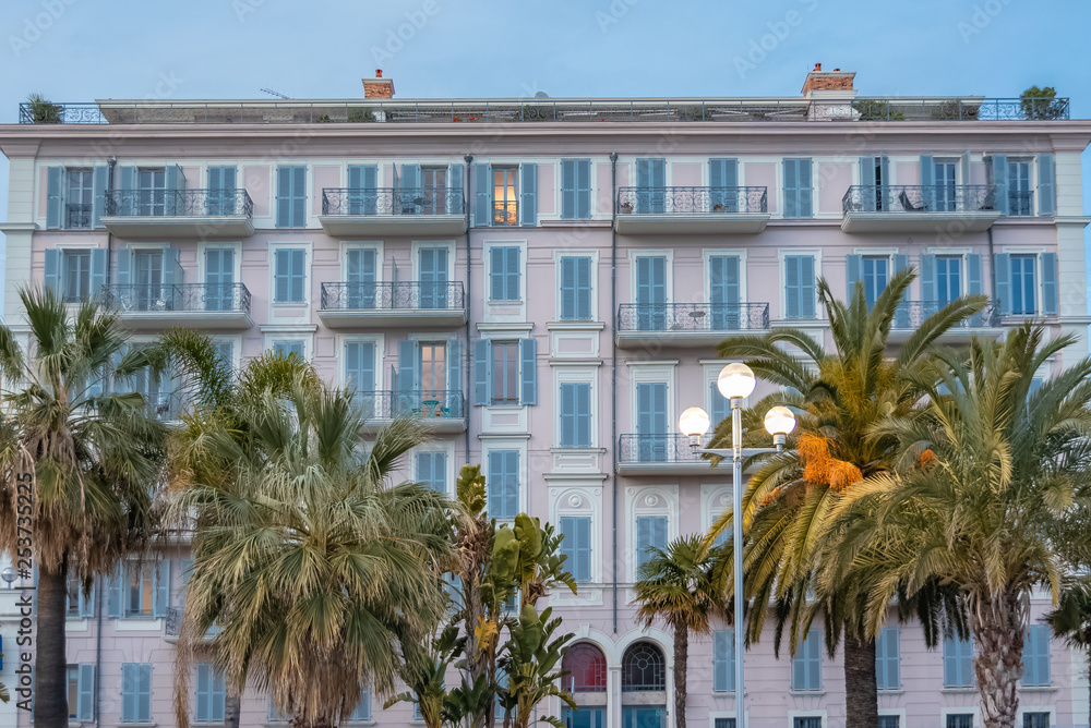 Nice, old house at sunset, on the promenade des Anglais, French Riviera