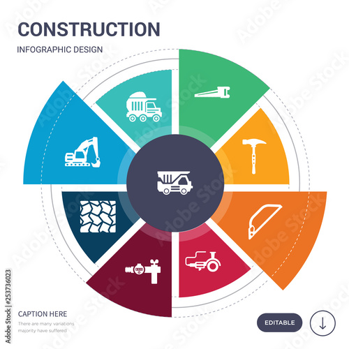 set of 9 simple construction vector icons. contains such as dump truck, dumper, excavator, floor, gas pipe, grinder, hacksaw icons and others. editable infographics design