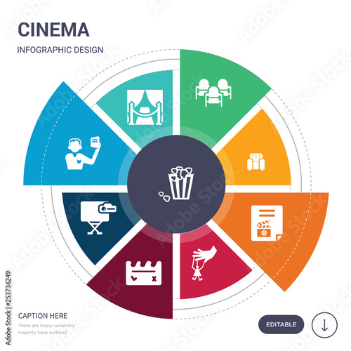 set of 9 simple cinema vector icons. contains such as popcorn, premiere, producer, projector screen, prompt box, puppet, scenario icons and others. editable infographics design