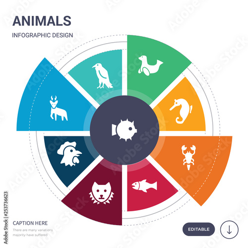 set of 9 simple animals vector icons. contains such as puffer, raven, roe, rooster, sable, salmon, scorpion icons and others. editable infographics design