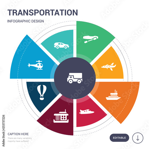 set of 9 simple transportation vector icons. contains such as haul, hearse, helicopter, hot air balloon, houseboat, hydroplane, icebreaker ship icons and others. editable infographics design