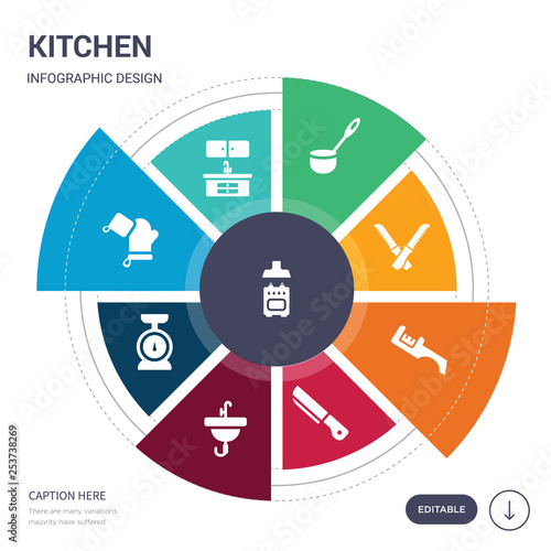 set of 9 simple kitchen vector icons. contains such as kitchen, kitchen cabinet, mitten, scale, tap, knife, knife sharpener icons and others. editable infographics design