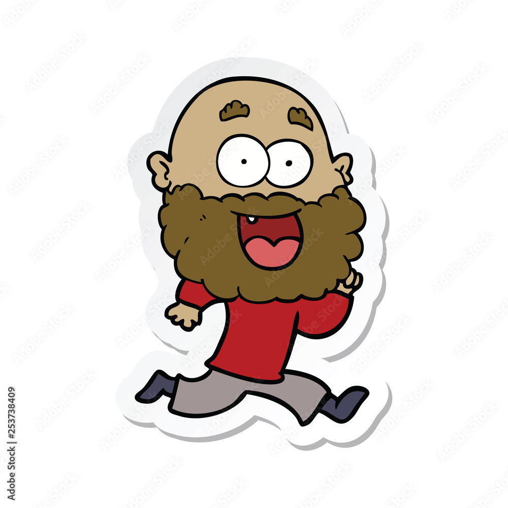 sticker of a cartoon crazy happy man with beard running sticker of a cartoon crazy happy man with beard running
