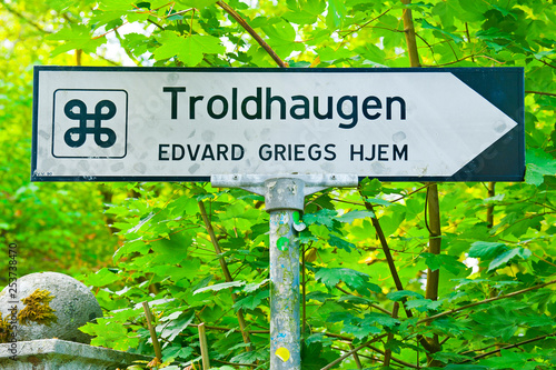 Signpost of Edvard Grieg Museum Troldhaugen in Bergen, Norway photo