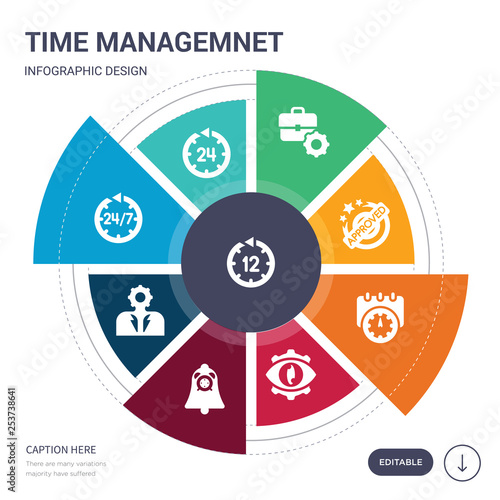 set of 9 simple time managemnet vector icons. contains such as 12 hours, 24 hours, 24/7, administrator, alarm, appearance, appointment icons and others. editable infographics design