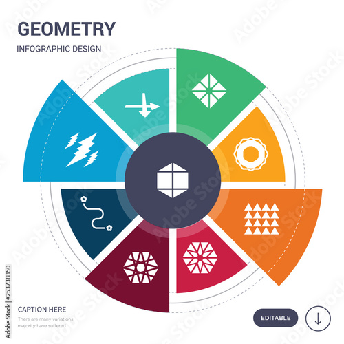 set of 9 simple geometry vector icons. contains such as icosahedron, intersection, lightning bolt polygonal, line segment, metatron cube, multiple triangles inside hexagon, multiple triangles