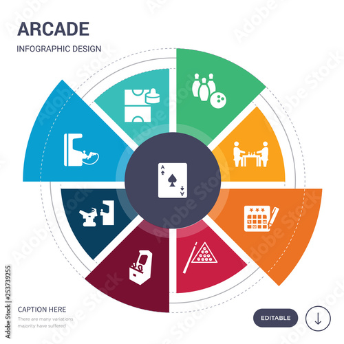 set of 9 simple arcade vector icons. contains such as ace of spades, air hockey, arcade, arcade game, machine, billiards, bingo icons and others. editable infographics design