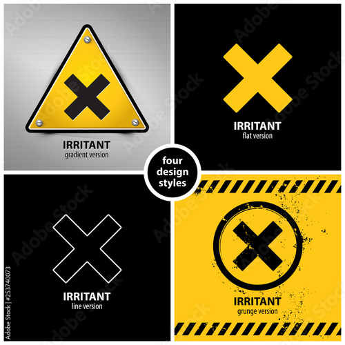 set of harmful irritant chemical hazard symbols containing four unique design elements in different variations: gradient, flat, line and grunge style, eps10 vector illustration