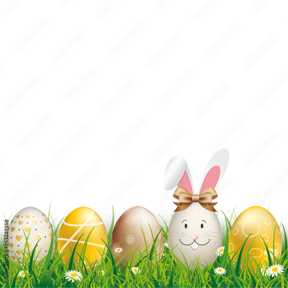 Golden Easter Eggs Hare Ears White Background