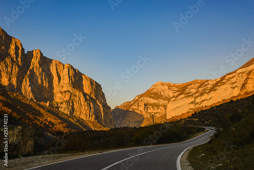 Caucasus mountains  autumn weather in the mountains. Panoramic view of the winding road and beautiful nature of the Caucasus