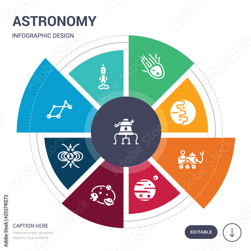 set of 9 simple astronomy vector icons. contains such as lander, liftoff, lyra constellation, magnetic field, magnitude, mars, mars rover icons and others. editable infographics design