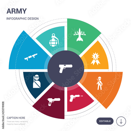 set of 9 simple army vector icons. contains such as , grenade, grenade launcher, guerrilla, gun, gun shooting, infantry icons and others. editable infographics design