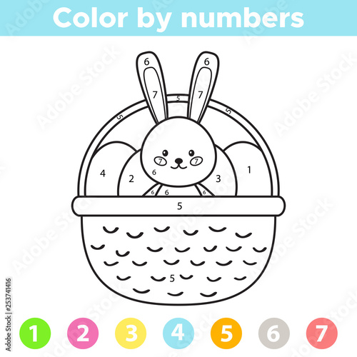 Color by number for preschool and school kids. Coloring page or book with Easter eggs and rabbit in the basket. Vector illustration.
