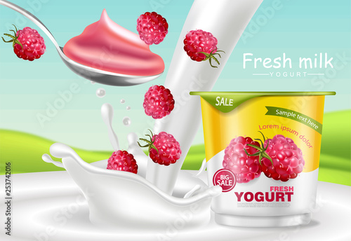 Raspberry yogurt Vector realistic. Product placement mock up. Fresh yogurt splash with fruits. Label design. 3d detailed illustrations