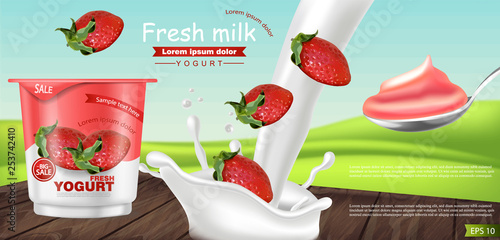 Strawberry yogurt Vector realistic. Product placement mock up. Fresh yogurt splash with fruits. Label design. 3d detailed illustrations