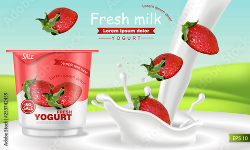 Strawberry yogurt Vector realistic. Product placement mock up. Fresh yogurt splash with fruits. Label design. 3d detailed illustrations