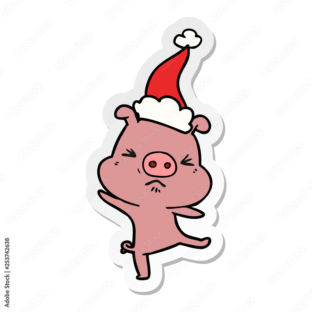 sticker cartoon of a furious pig wearing santa hat sticker cartoon of a furious pig wearing santa hat
