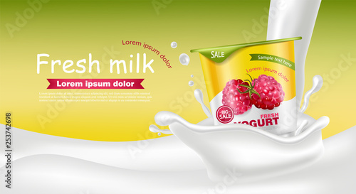 Raspberry yogurt Vector realistic. Product placement mock up. Fresh yogurt sp...