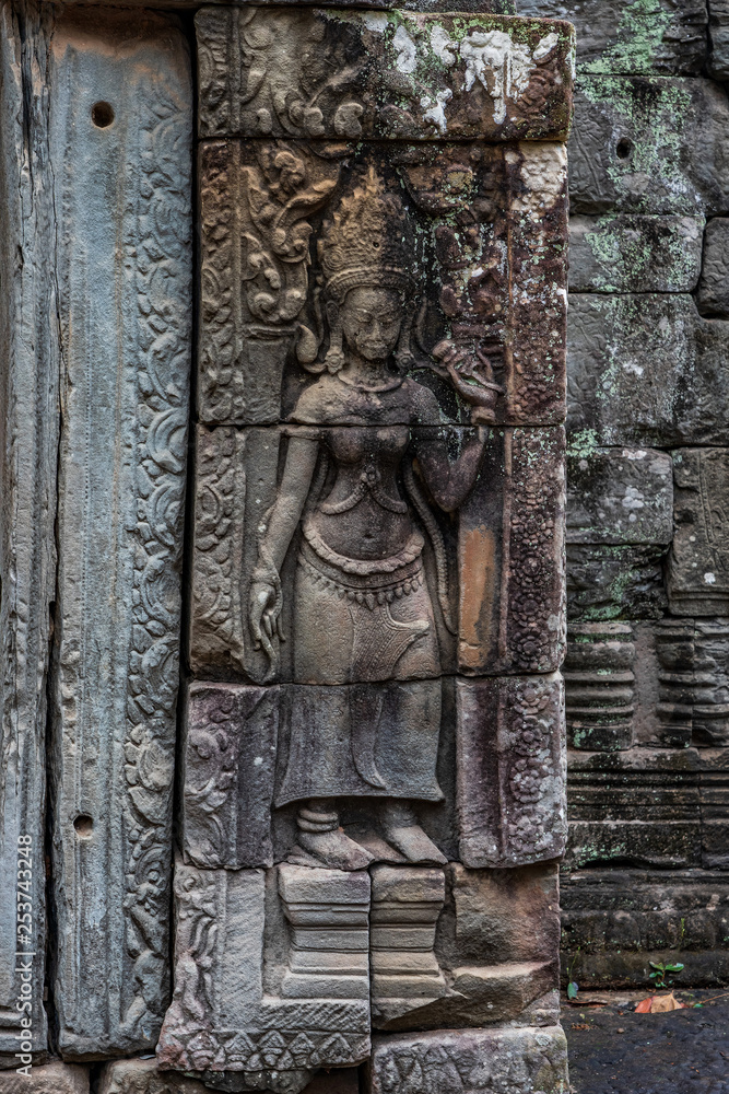 Relief of female guardian in Banteay Kdey temple, Cambodia
