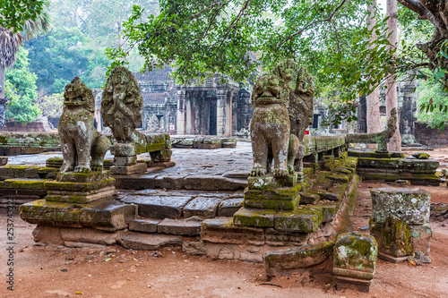 Khmer style Leo sculptures at the Naga terrace of Banteay Kdey temple  Cambodia