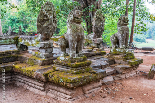 Khmer style Leo sculptures at the Naga terrace of Banteay Kdey temple  Cambodia