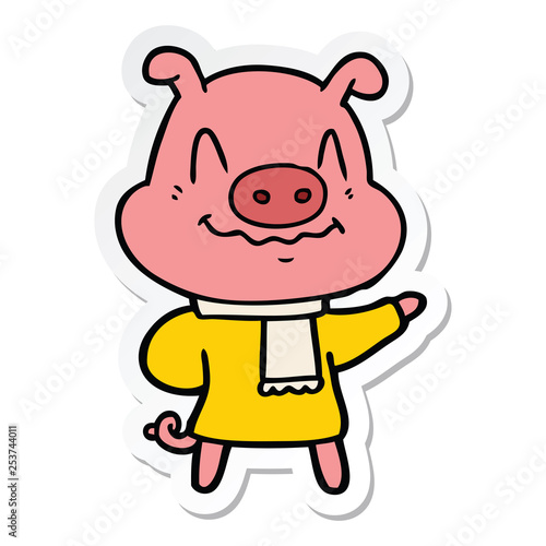 sticker of a nervous cartoon pig wearing scarf