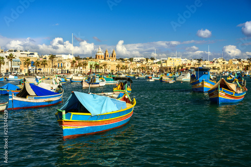Boats Luzzu at Marsaxlokk harbor