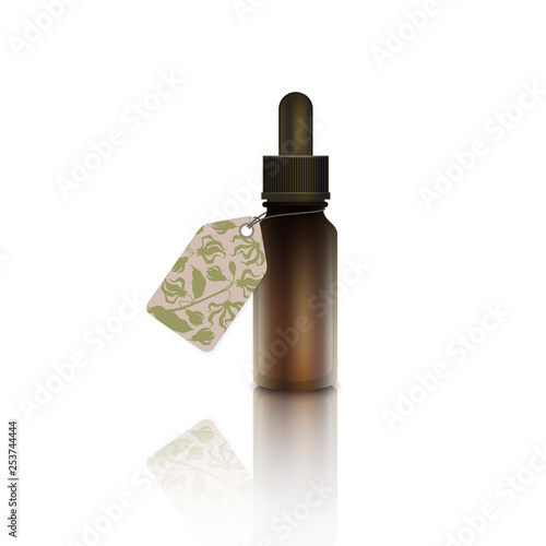 Realistic bottle with cardboard label - essential oil of ylang-ylang (cananga tree). A dropper with ylang ylang flower essential oil. Aromatherapy, perfumery, cosmetics, spa sticker, price tag, coupon