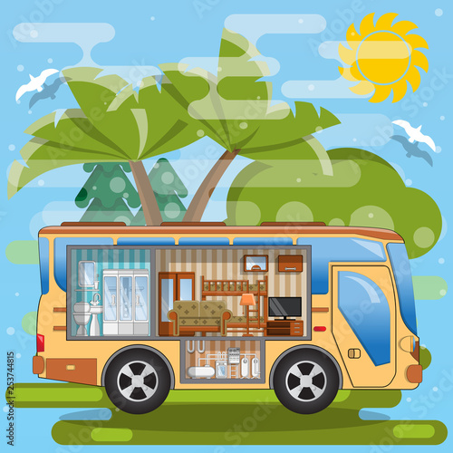 The interior of the camper. Side view. Vector illustration.