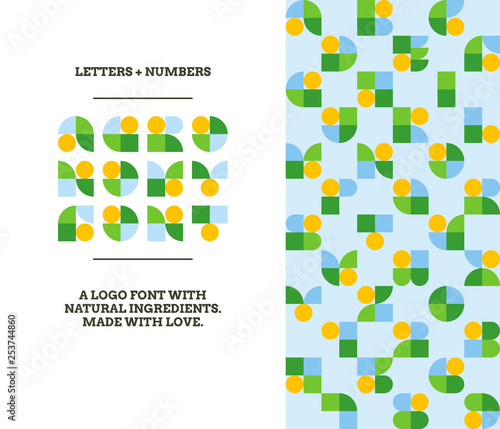 Agronomy logo font with natural elements. Stylized agricultural alphabet with retro capital letters and numbers