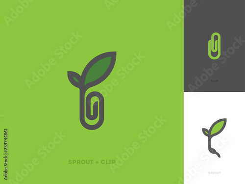 Modern line logo mark template with sprout and paper clip