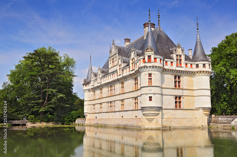 Chateau d'Azay le Rideau and peaceful reflection it is one of the earliest French Renaissance chateaux and list as an UNESCO world heritage site, France.