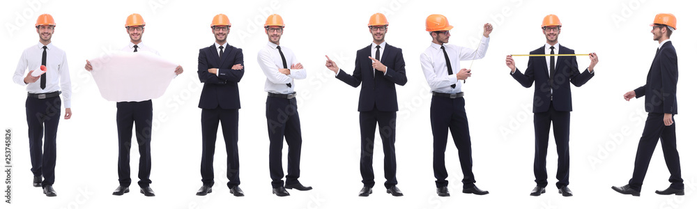 panoramic photo collage of architect expert isolated on white panoramic photo collage of architect expert isolated on white