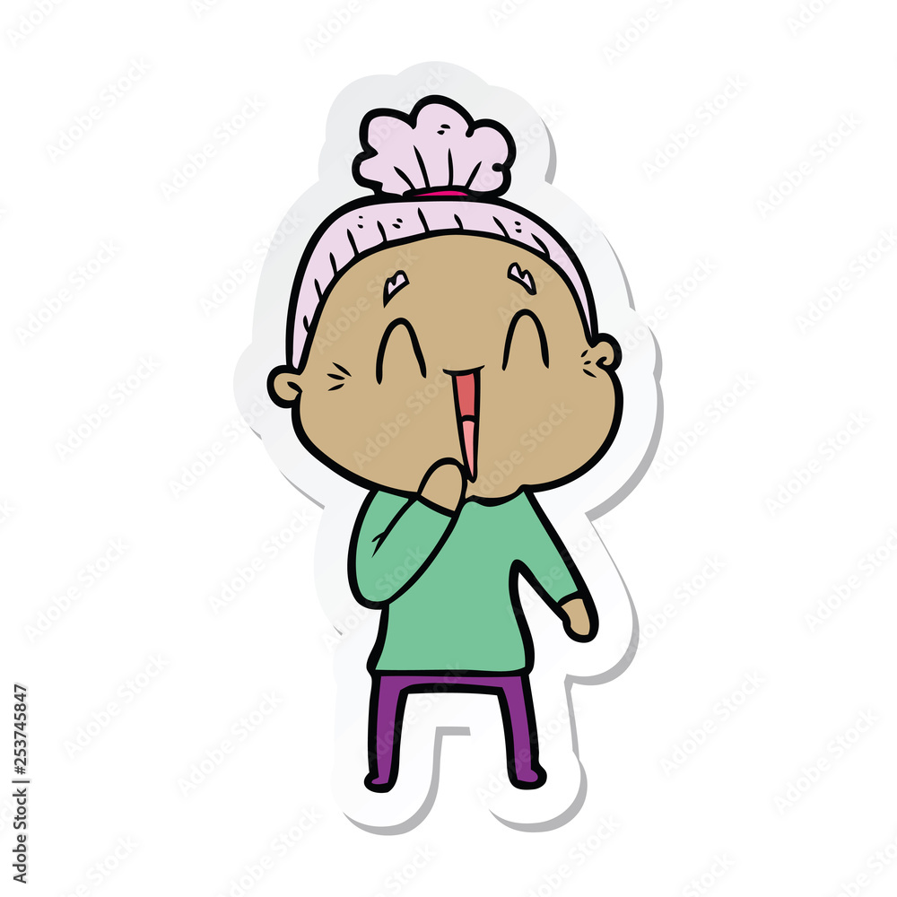 sticker of a cartoon happy old lady