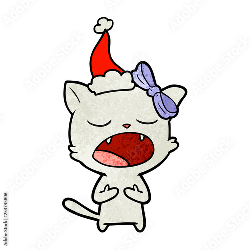 textured cartoon of a cat meowing wearing santa hat