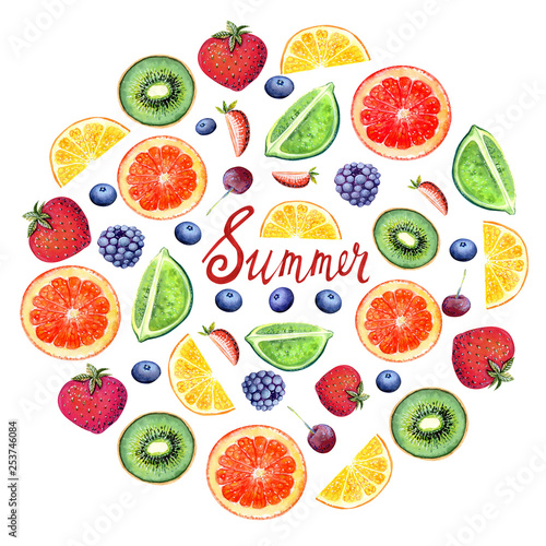 Fototapeta Naklejka Na Ścianę i Meble -  Summer wreath with kiwi, blueberry, cherry, strawberry,orange, lemon on a  white  background in watercolor . Hand painted text.