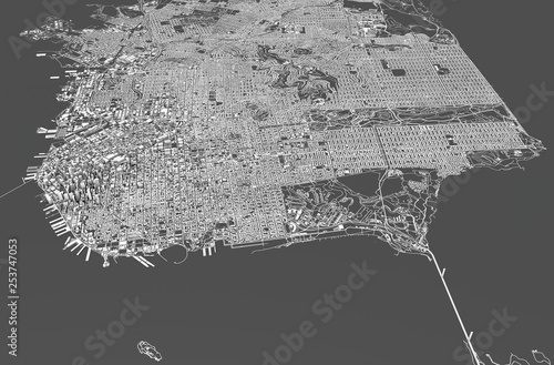 Photography Satellite view of San Francisco, map, 3d buildings